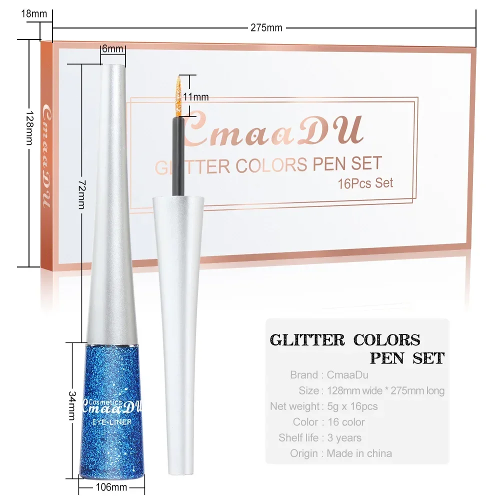 CmaaDu 16 colori/set ombretto liquido duraturo eyeliner trucco impermeabile pigmento liquido ad asciugatura rapida ombretto glitter oro argento