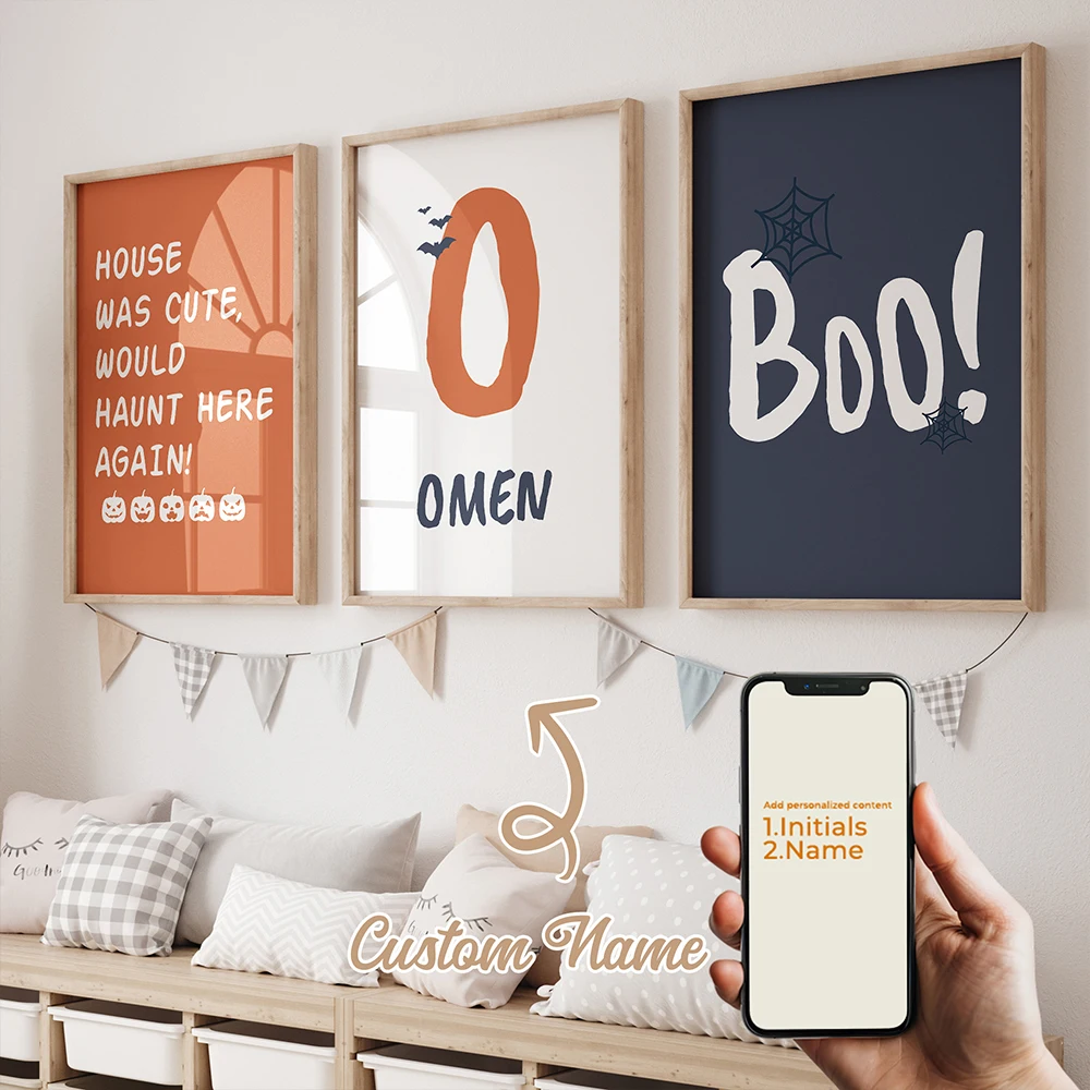 

3Pcs Personalized Custom Name pumpkin Wall Art Printmaking Canvas Painting Poster Picture For Halloween Living Room Home Decor
