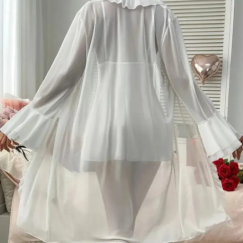 

Sexy Lingerie Large-sized Overweight Lady's Sexy Pajama Set with Suspenders Sheer Transparent Nightgown and Lace Trim