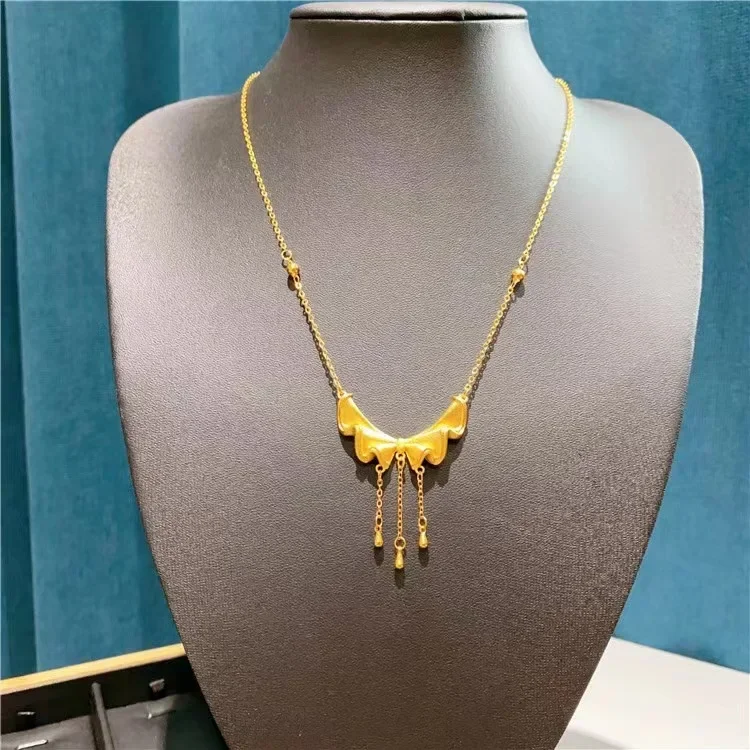 9999 real gold 24K Tassel bow necklace Women's one-piece chain collarbone chain