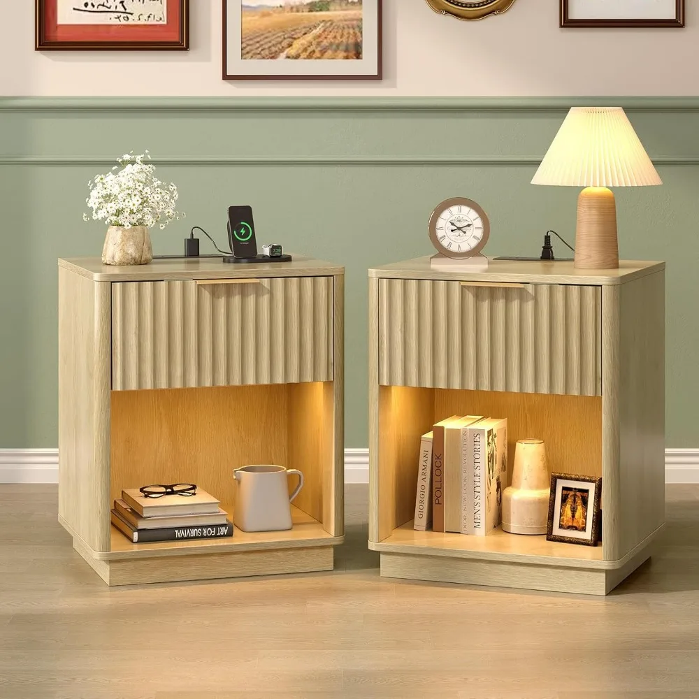 

Mid Century Modern Nightstands Pair with Charging Station and LED Lighting, Fluted Design with Rounded Edges