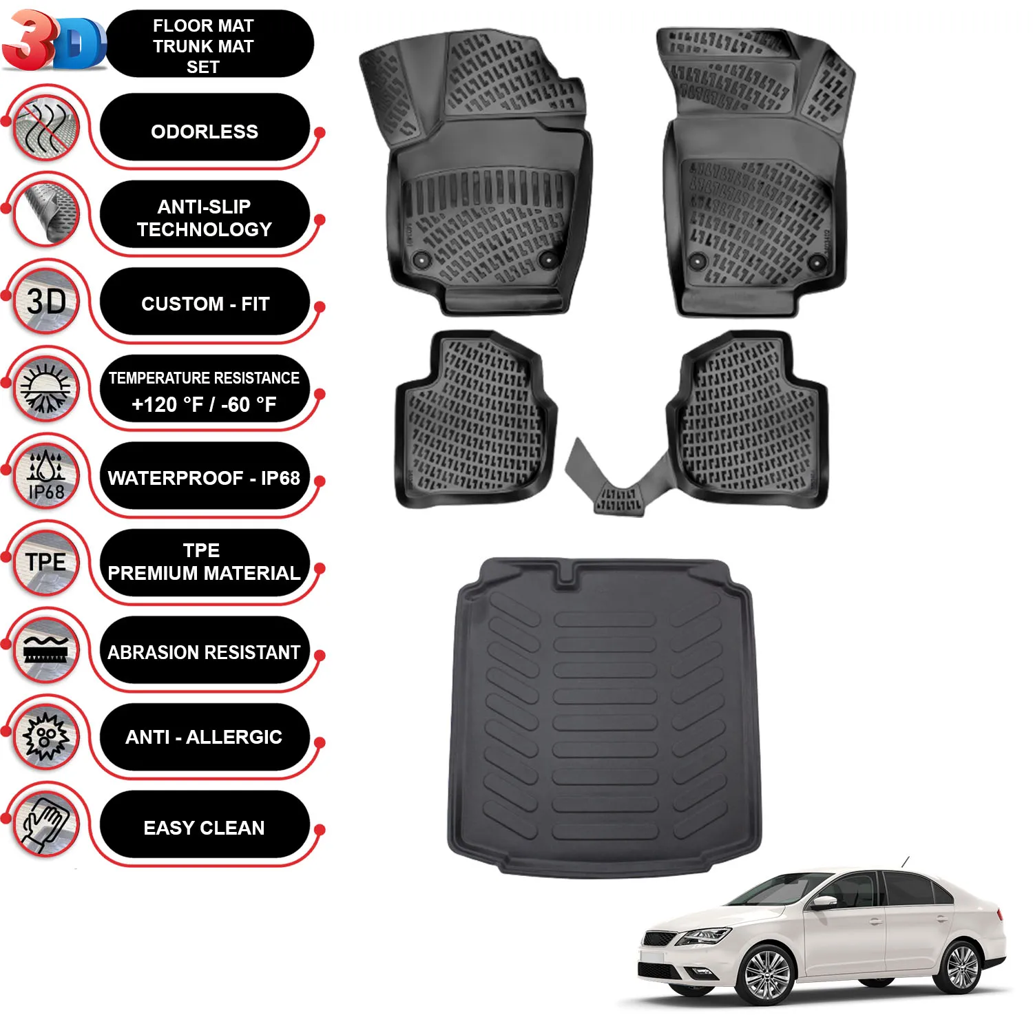 Seat Toledo - (2013-2019) - Floor Mats + Cargo Trunk Liner - SET - (Black)