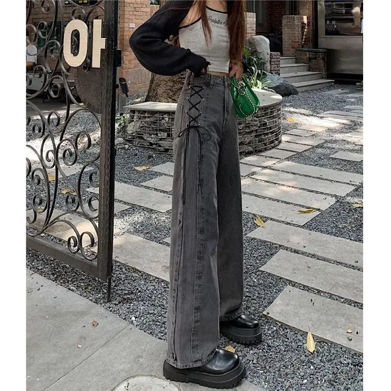 بنطلون جينز رمادي للسيدات بخصر عالٍ بنطلون جينز كوري أنيق عتيق Y2k بأرجل واسعة من قماش الدنيم بتصميم هاراجوكو فضفاض غير رسمي #6