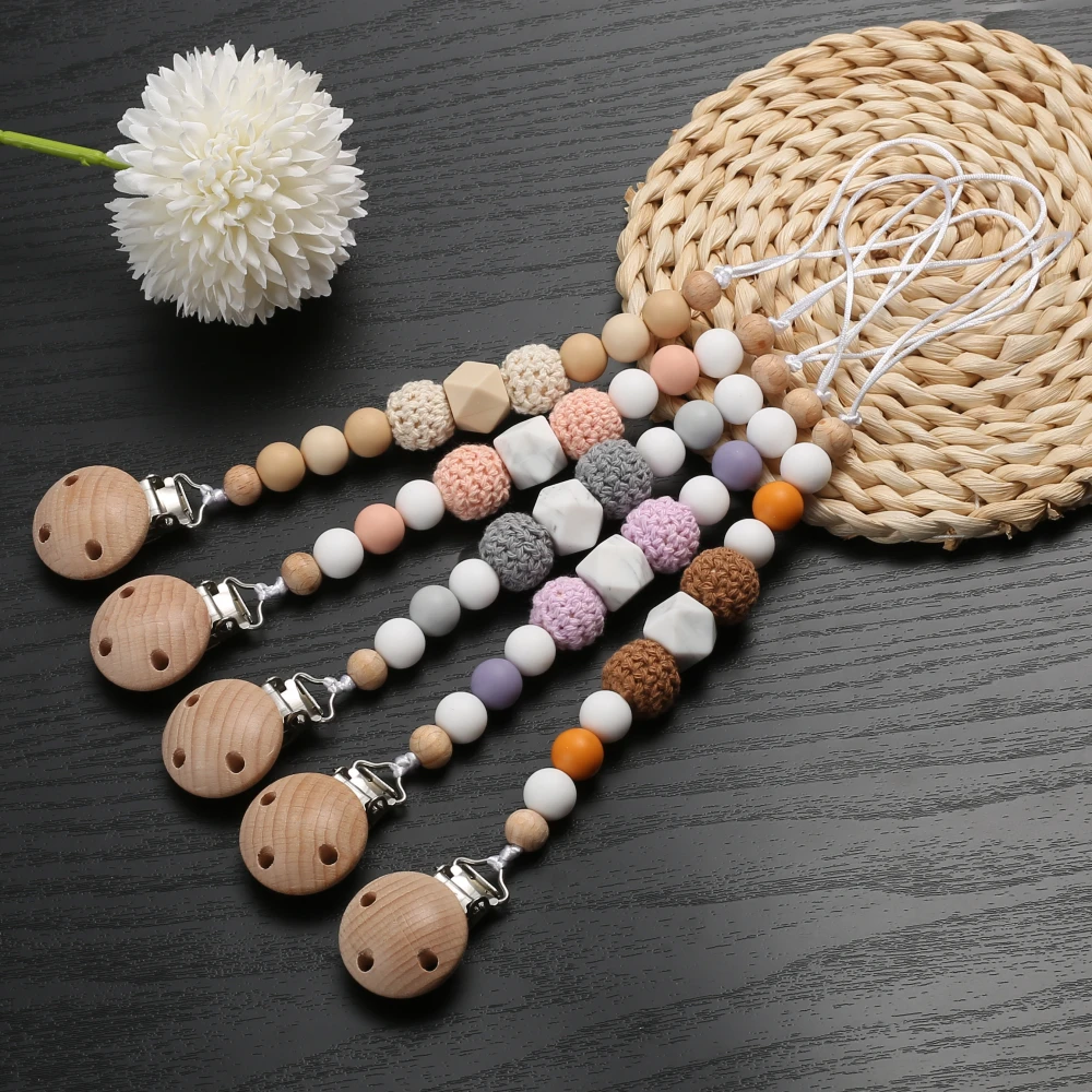 Beech Wood Round Baby Pacifier Clip Wooden Felt Ball Pacifier Chain Silicone Beaded Baby Nipple Dummy Holder Chain Care Chew Toy