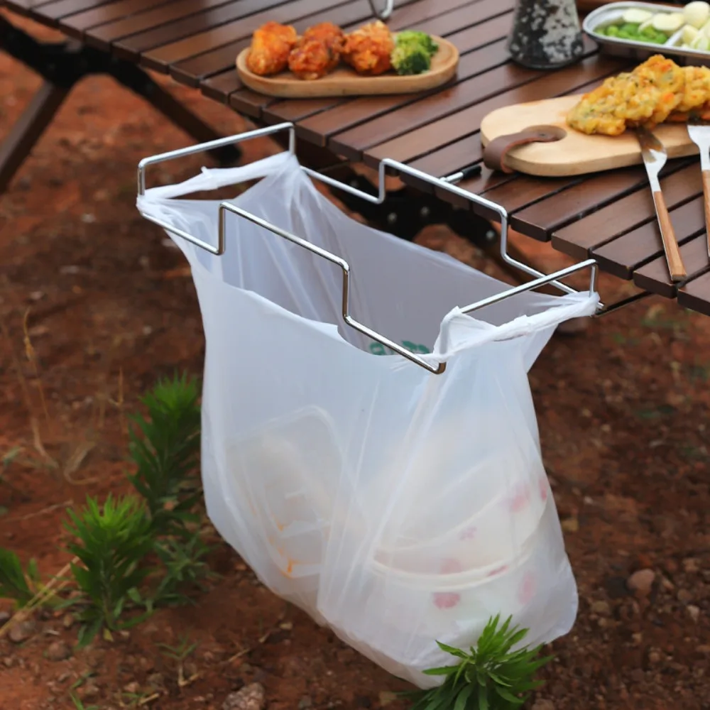 Portable Stainless Steel Camping Trash Holder - Foldable Table Stand for Picnic, BBQ & Outdoor, Eco-Friendly Garbage Bag Rack