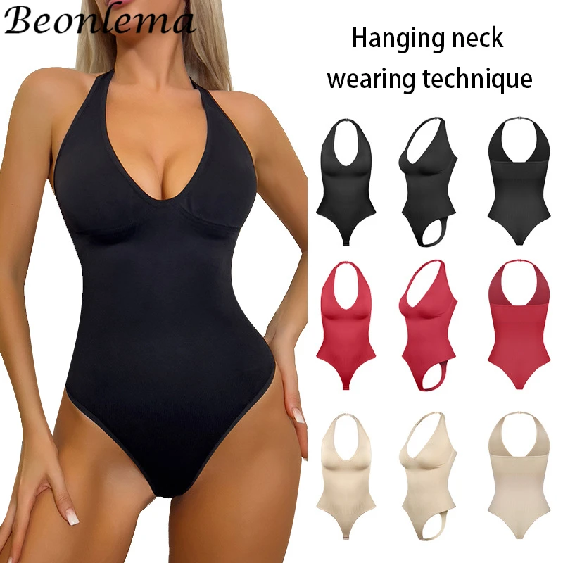 

Beonlema Bodysuit Women Underwear Belly Reducing Waist Shaper Chest-Lifting Halter Deep V Top Seamless Shaperwear