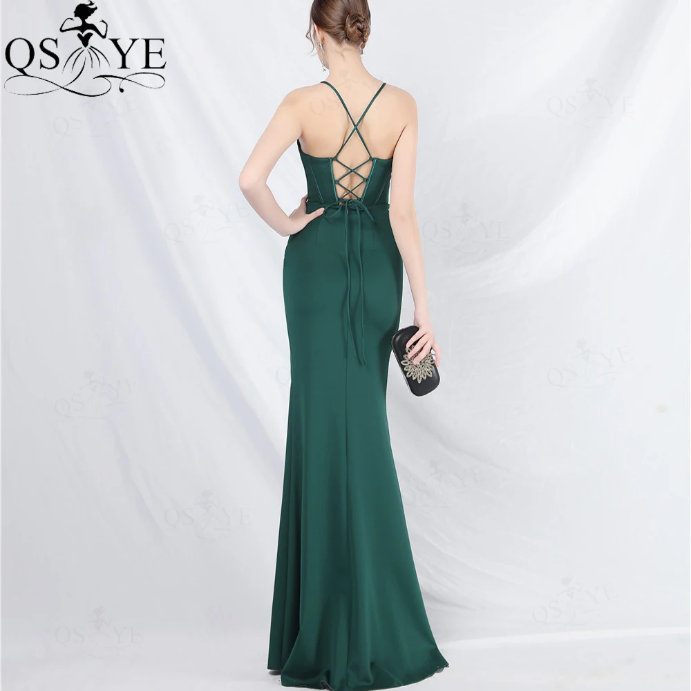 Cowl Neck Emerald Green Evening Dresses Spaghetti Straps Ruched Bodice Boned Corset Prom Dress with Slit Tie up Back Party Dress