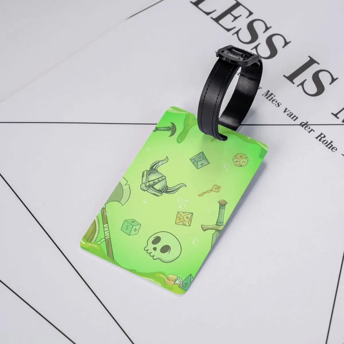 Etiqueta de Equipaje con Forma de Cubo Gelatinoso Verde, Monstruo de D&D, Dados de D&D, Calavera, Botín, Hacha y Espada, Etiqueta de Maleta para Viajes