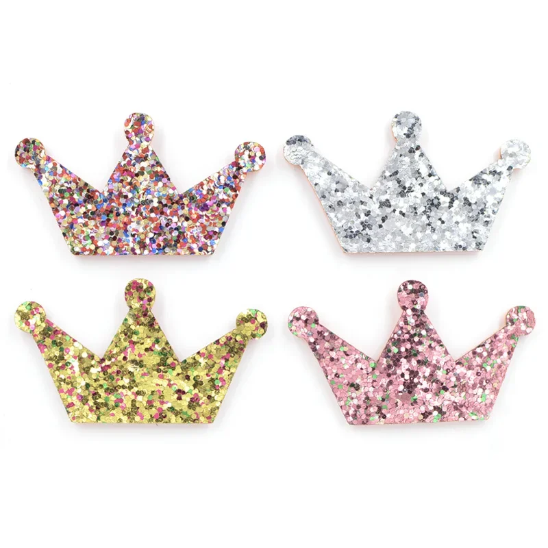 16Pcs 56mm Glitter Fabric Crown Patches Padded Appliques for DIY Kids Headwear Accessories & Crafts Clothes Stick Decoration