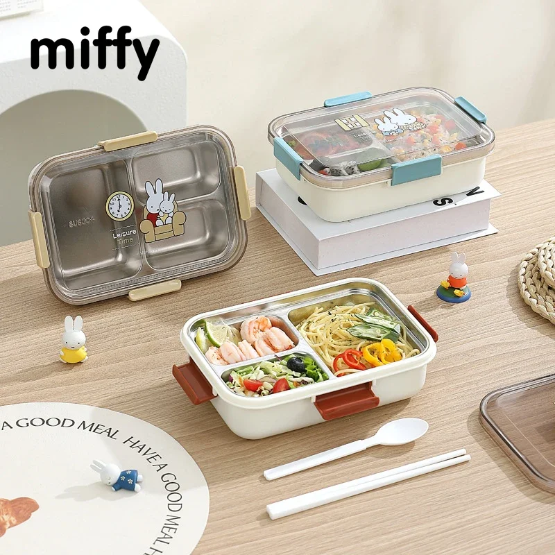 Kawaii Miffy 3-section Stainless Steel Lunch Box with Cutlery, Lunch Box, Student Canteen, Lunch Box, Christmas Gift Toy