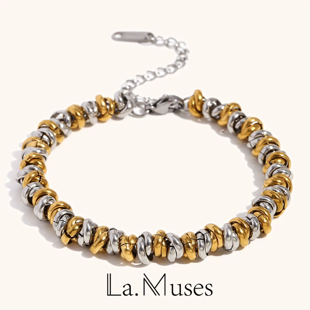 La.Muses Circular Gold Silver Dual Color Mixed Bead Stainless Steel Necklaces For Women Jewelry Waterproof Accessory Gift