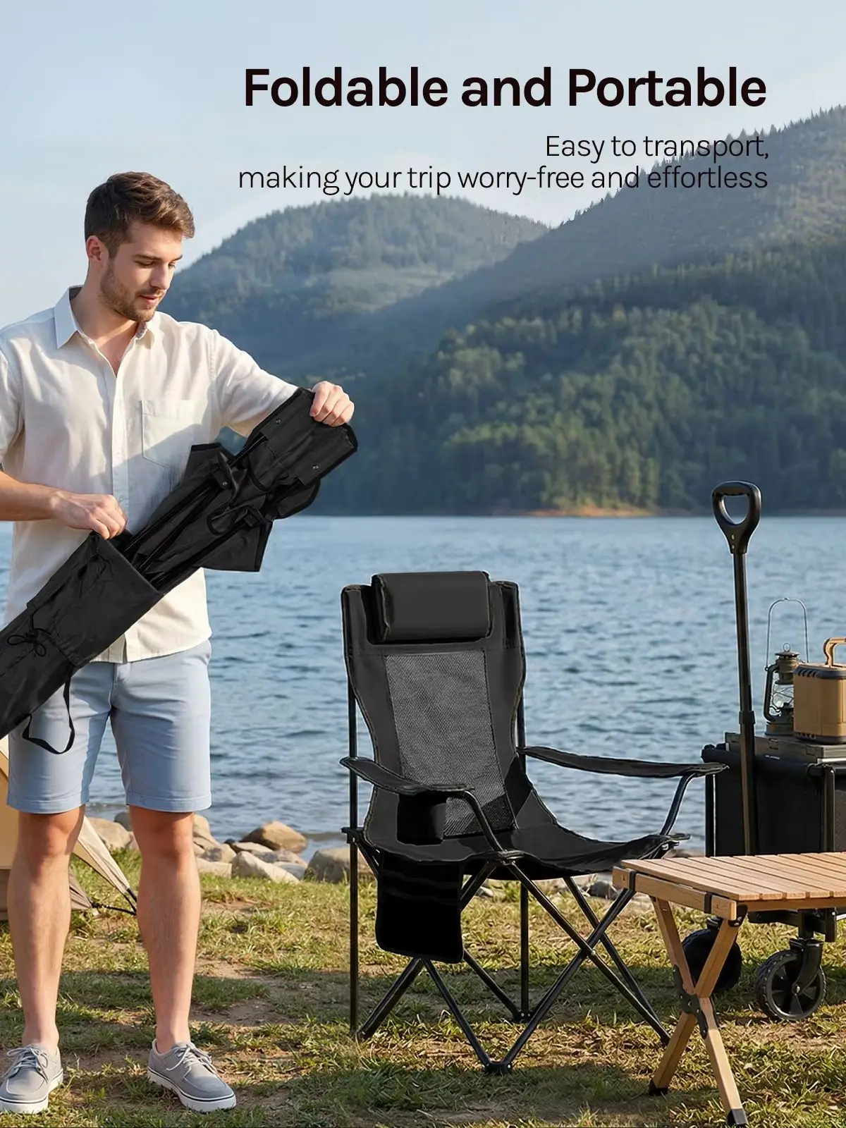 WOLTU 1 Stück/2 Stück klappbarer Campingstuhl mit verstellbarer Rückenlehne, Strandstuhl mit Seitentaschen und Getränkehalter, umwandelbare Kopfstütze, tragbarer Klappstuhl, geeignet zum Angeln und