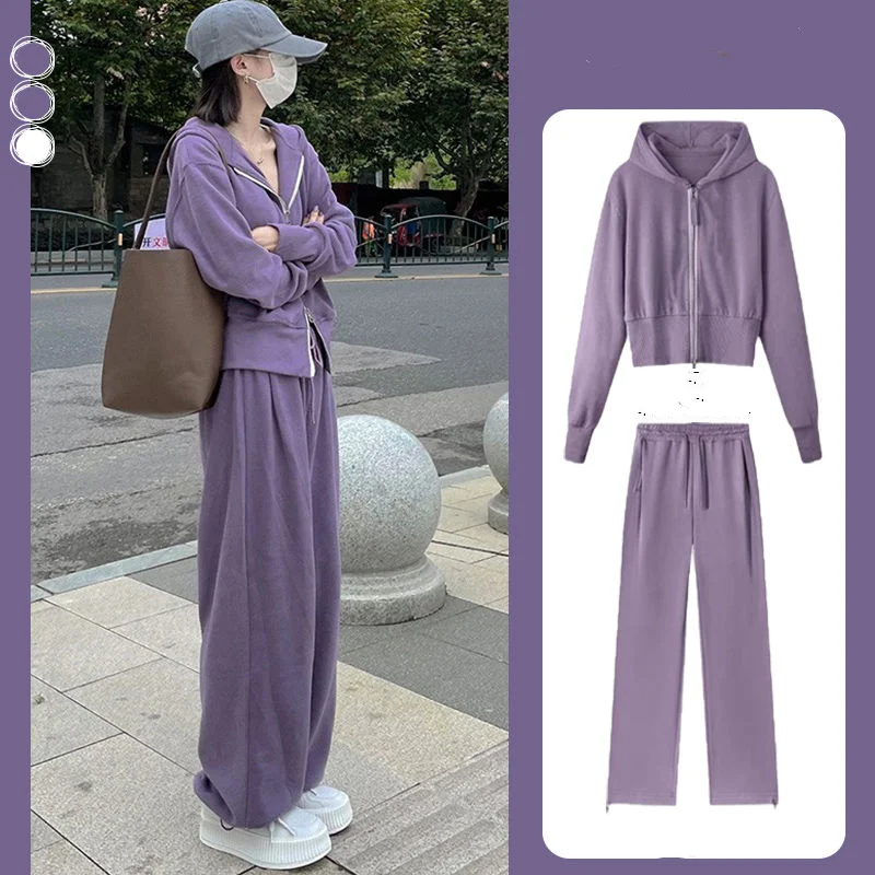 Women\'s Spring Autumn Sporty Style Purple Clothing Set Lady Casual Hooded Sweatshirts Coat Wide Leg Pants Outfits Tops Trousers