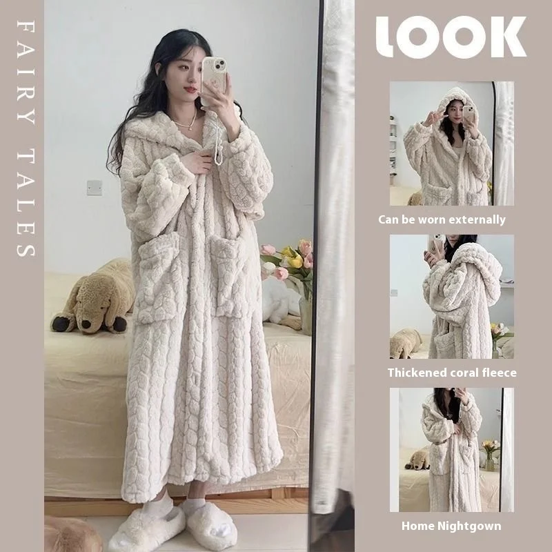 

Autumn and Winter Women's Pajamas, Flannel Robe, Girls' Coral Fleece Long Cute and Sweet Korean-Style Loungewear, Lazy Robe