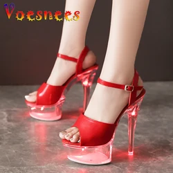 Tacchi alti trasparenti e luminosi da donna sandali da festa illuminati a LED rossi scarpe da Pole Dance da discoteca décolleté da pista estive da 14.5CM