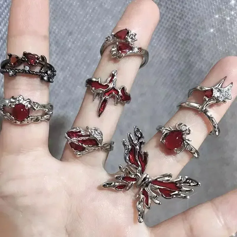 Goth Punk Retro Red Crystal Love Heart Cross Geometry Irregular Open Ring Set Y2K Halloween Accessories for Women Kpop Jewelry