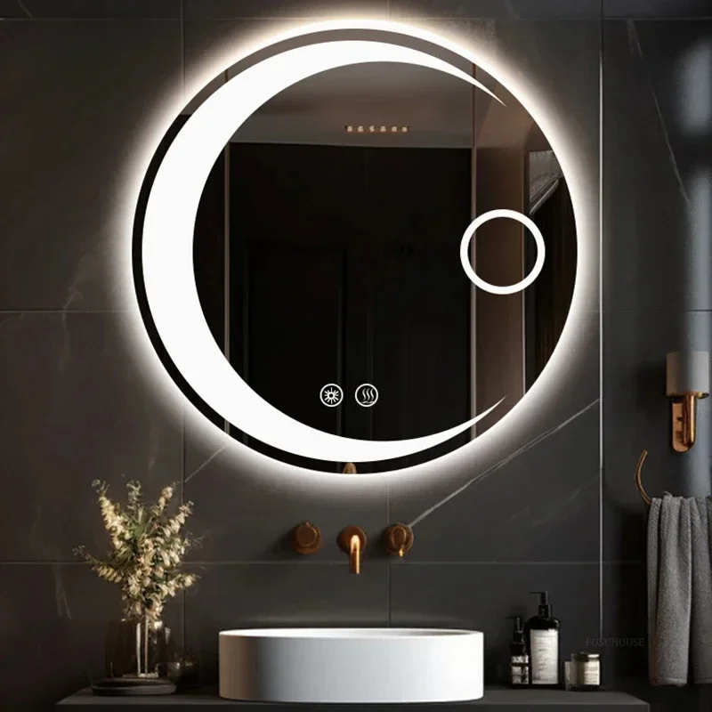 Nordic Round Bath Mirrors Smart Bedroom Defogging Decorative Mirrors 3 Color Adjustable Backlight with LED Bathroom Mirror