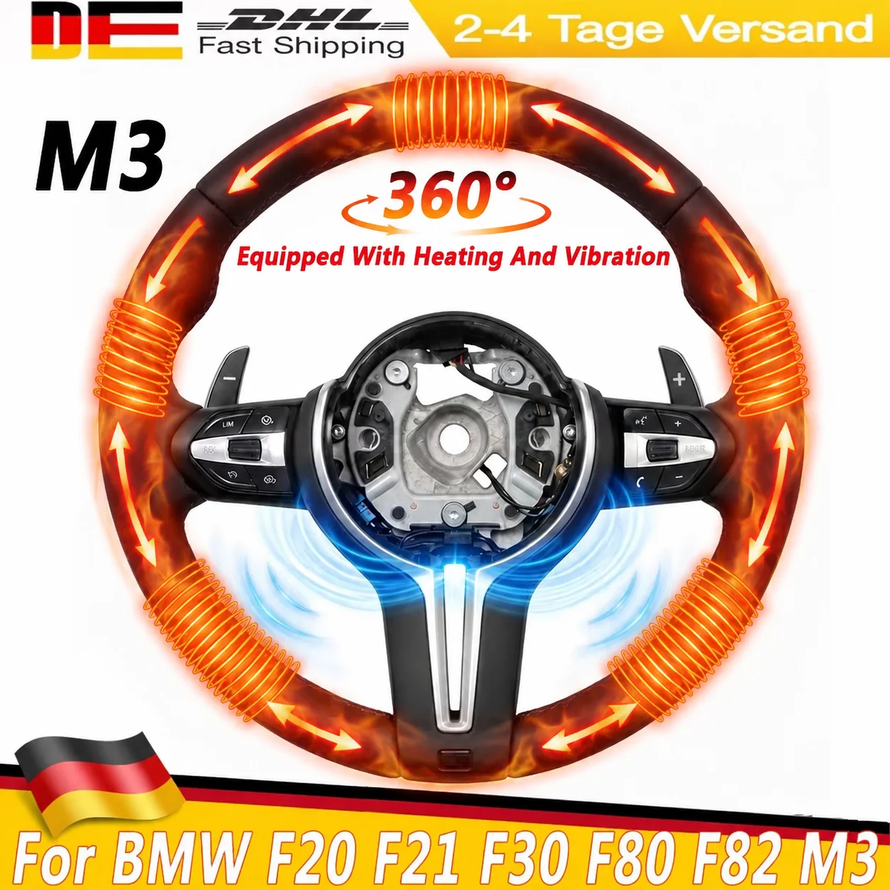 Image of Mit Heizung und Vibration, Lederlenkrad mit Spurhaltefunktion, haptisches Lenkrad für BMW F20 F21 F30 F80 F82 M3 M4 X3 X5 X6 M4 320i M Sport 360 ° Vollumrandetes beheiztes Lenkrad