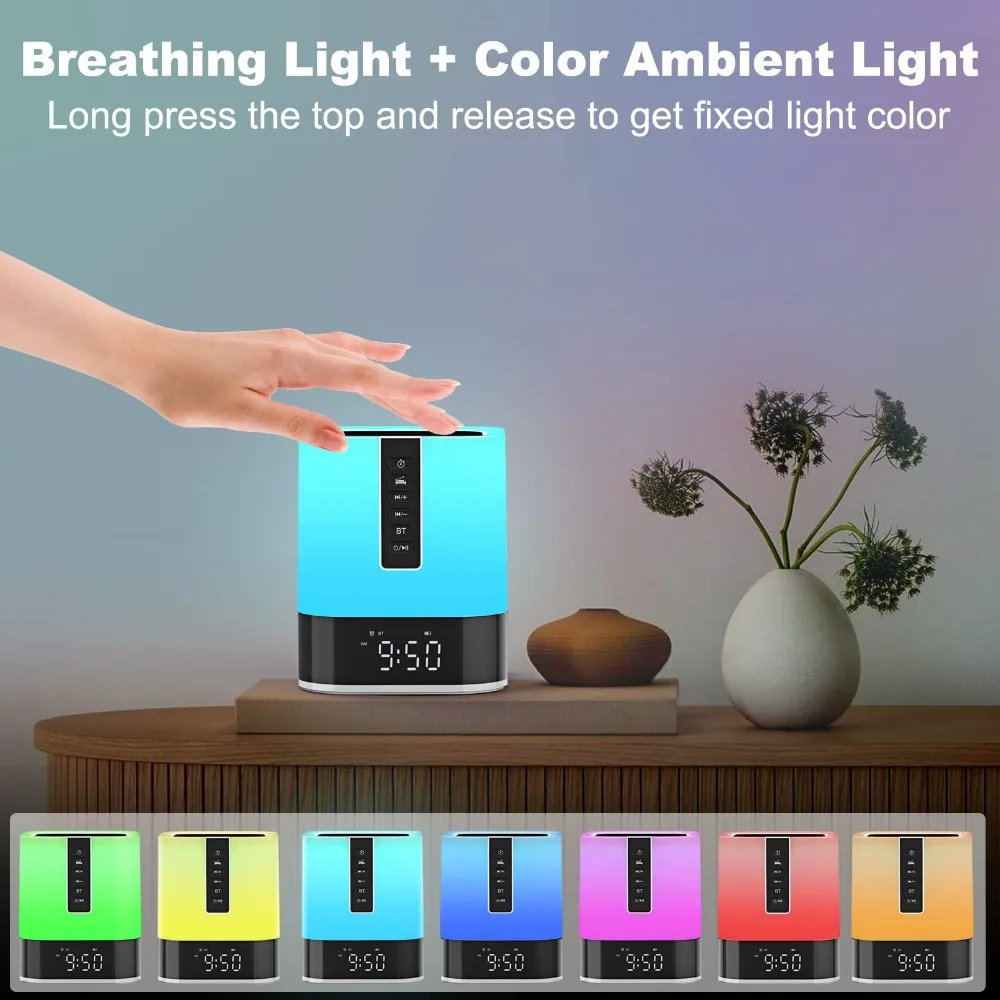 Jam Alarm Speaker Bluetooth lampu malam, lampu samping tempat tidur sentuh untuk kamar tidur, lampu hangat bisa diredupkan, berubah warna 48 RGB