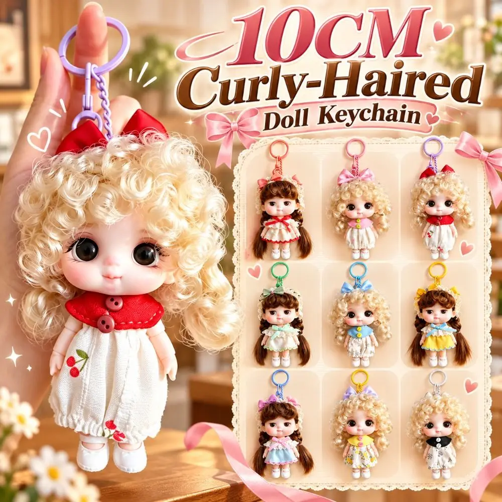 10CM Curly-Haired Doll Keychain Wearable Outfit Long Hair Mini Doll Pendant Versatile Movable Joints Bag Charm Doll