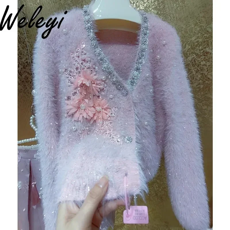 

Pink Bright Silk Beaded Rhinestones Knitted Cardigan Mujer 2024 Autumn New Premium Elegant V Neck Fringed Beaded Plush Cardigans