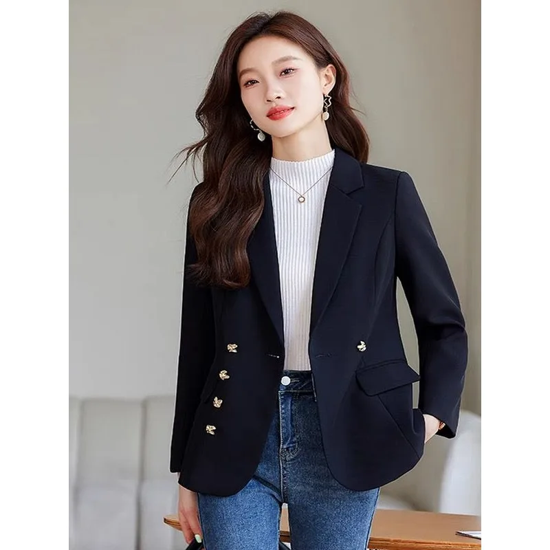 

Waist Suit Elegant Black Coat Women's Pocket Button Solid Color Lapel Fashionable Commuter Top