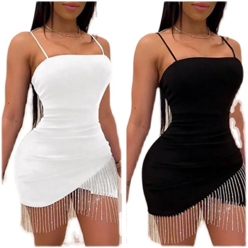 ชุดมินิเซ็กซี่ผู้หญิงก้นชุด Camisole แขนกุดเอวสูง Spliced พู่ Bodycon ฤดูร้อน Strapless Y2k Streetwear