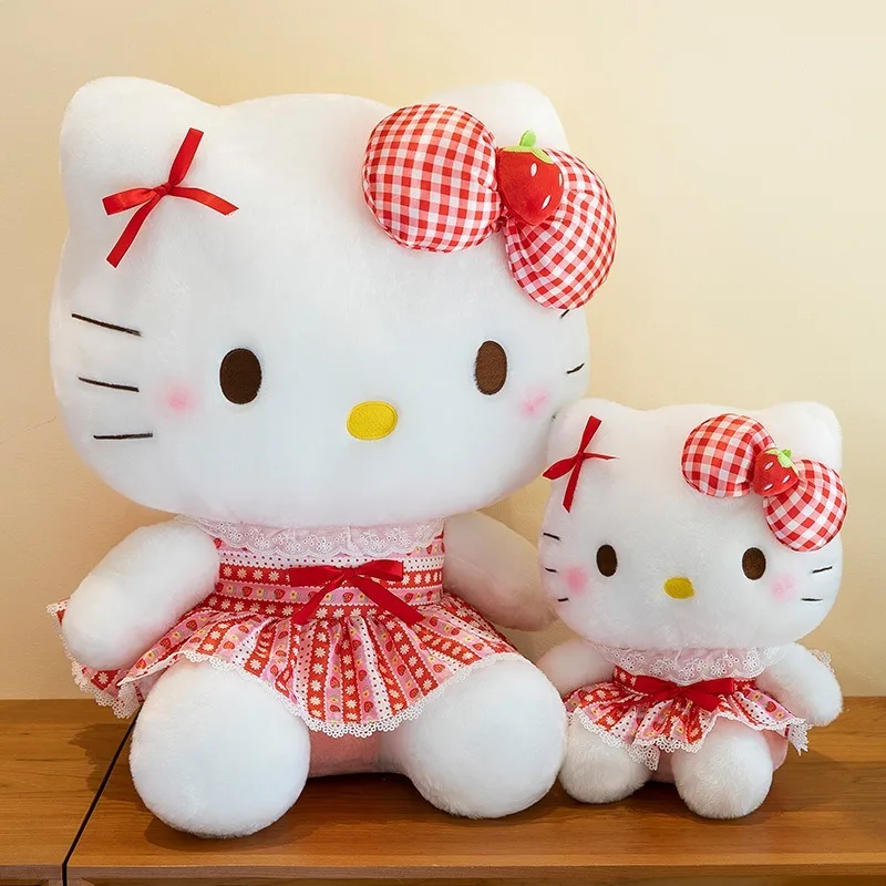 

Sanrio Kawaii клубничная клетчатая юбка Hello Kitty, плюшевая игрушка, мягкая кукла, милая тканевая подушка для маленьких детей, подарок на день рождения для детей