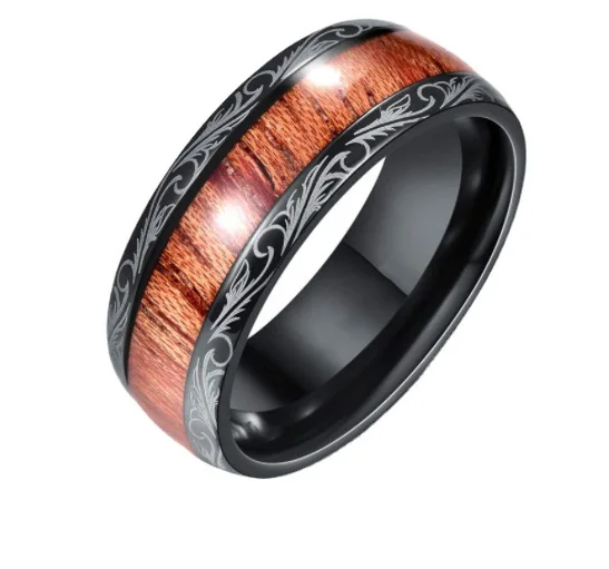 

Bxzyrt 8MM Men's Fashion Stainless Steel Ring Domed Silver Color Hawaiian Koa Wood Vintage Men Promise Wedding Band Jewelry