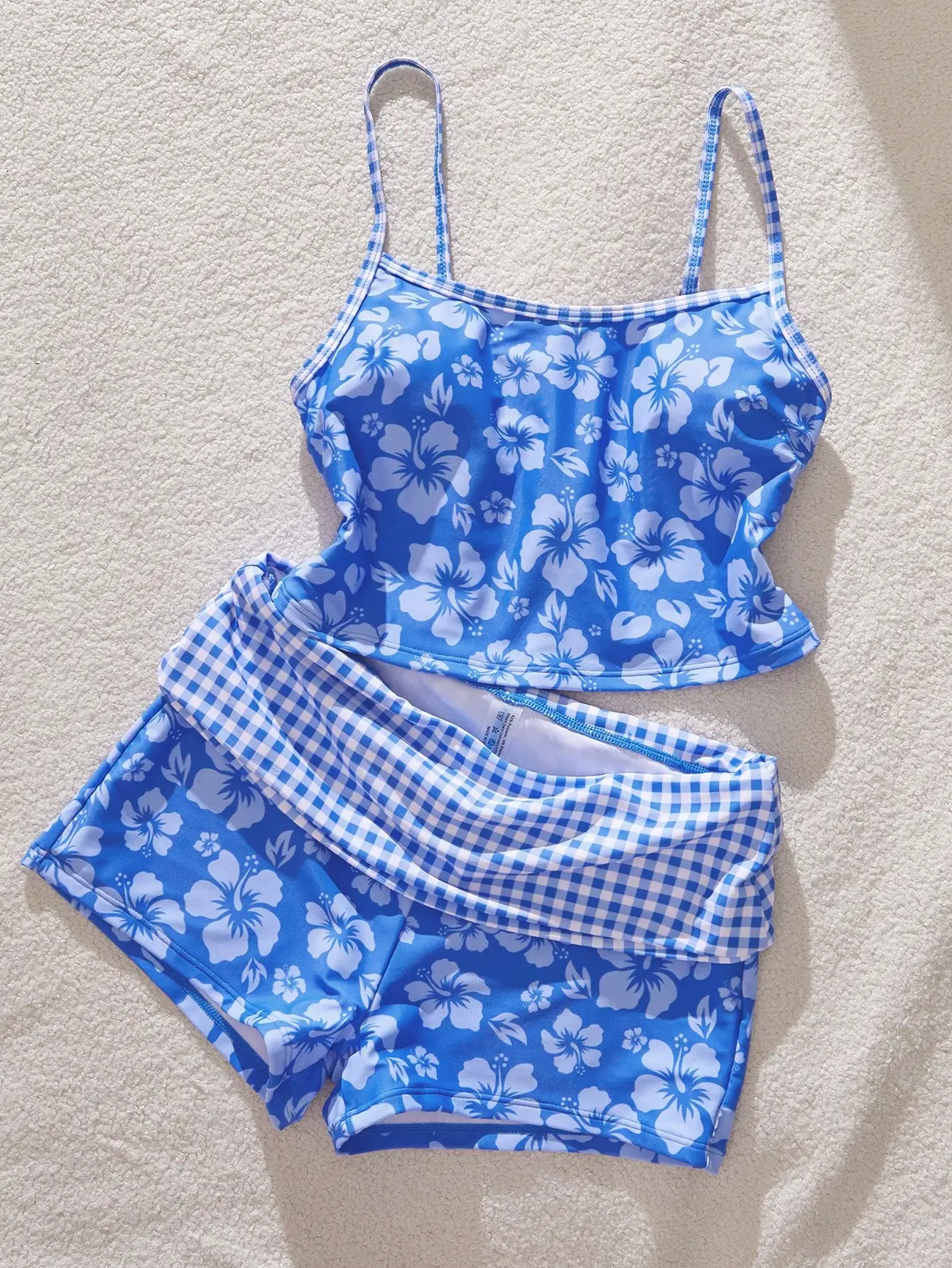 

Women's Hibiscus Print Bikini Set With Plaid Waistband And Built-In Bra