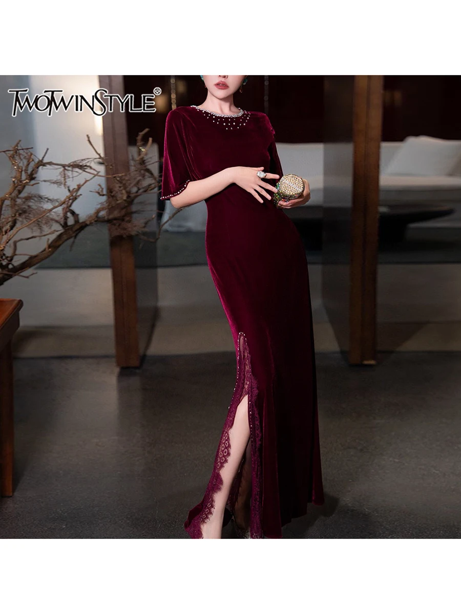 TWOTWINSTYLE Solid Spliced Diamonds Dresses for Women O Neck Short Sleeve High Waist Split Temperament Dress Female