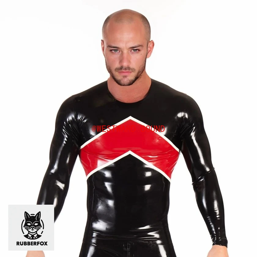 

customized eurocat latex top men's black latex t-shirt with red white chevron pattern long - sleeved rubber costume clubwear