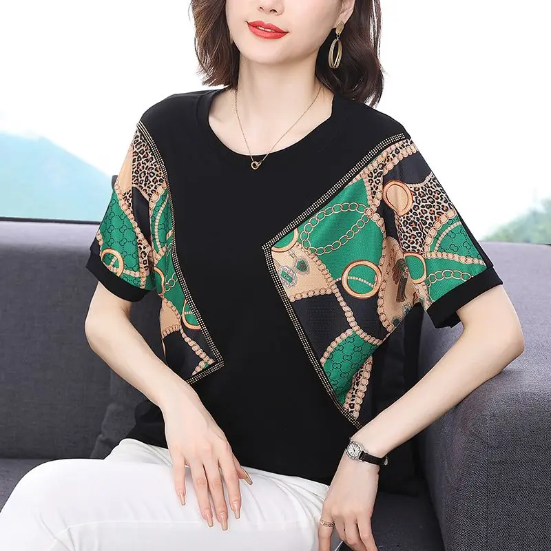 Summer Fashion Patchwork Ladies Short Sleeve Tops Casual Vintage Women's Clothing 2024 New Irregular Pullovers Black T-Shirts