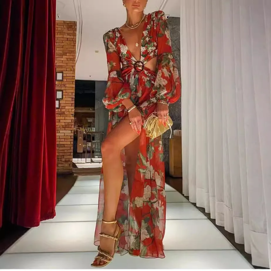 European and American fashion sexy printed lantern long sleeved V-neck slit dress