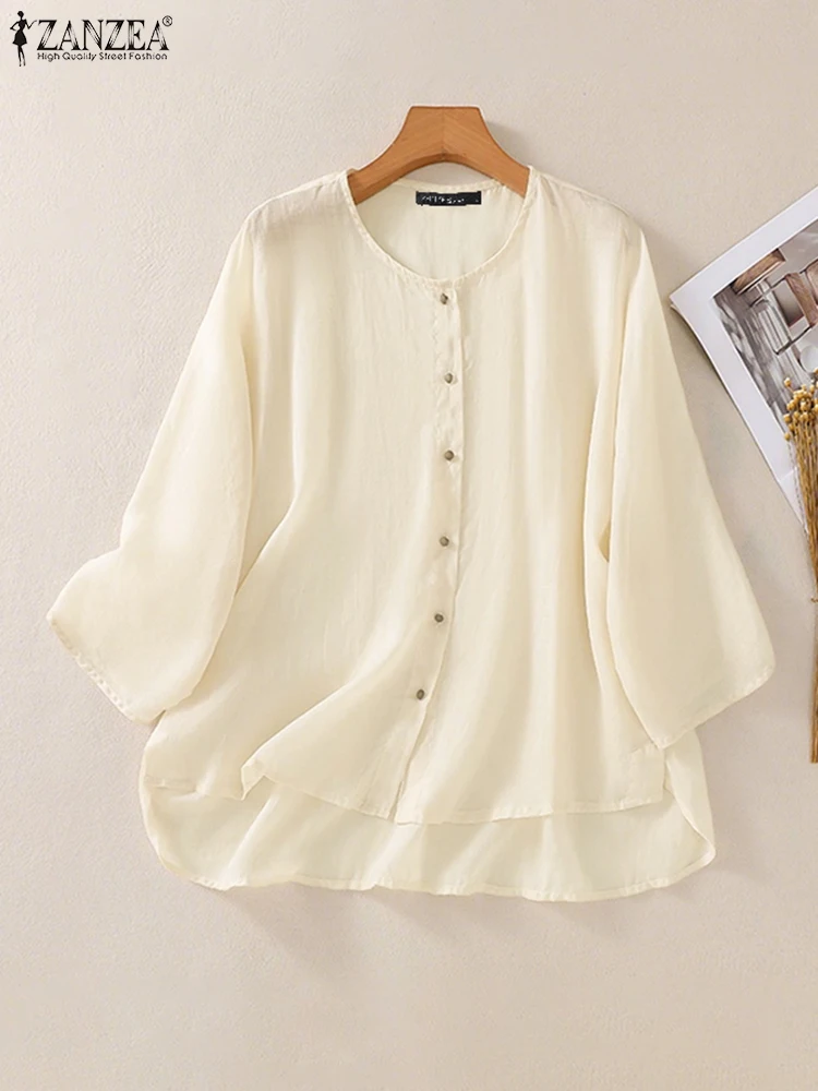 ZANZEA Fashion Asymmetrical Tops Women Autumn Shirts 2025 Stylish Casual 3/4 Sleeve O-Neck Solid Blouse Loose Blusas Femininas