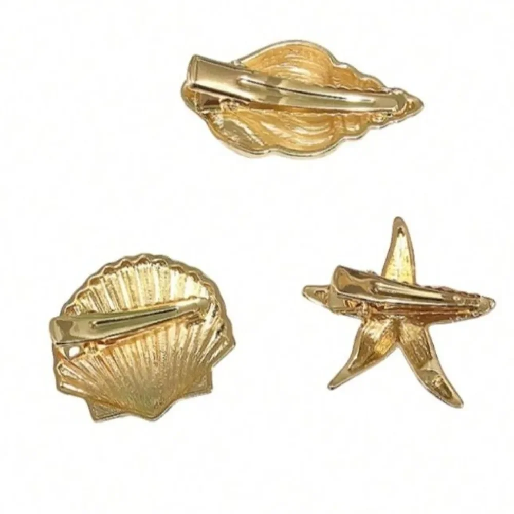 

Trendy Golden Color Starfish Hair Clip Gold Color Elastic Design Shell Hair Clip Scallop Shape Conch Hair Clip Vacation Style