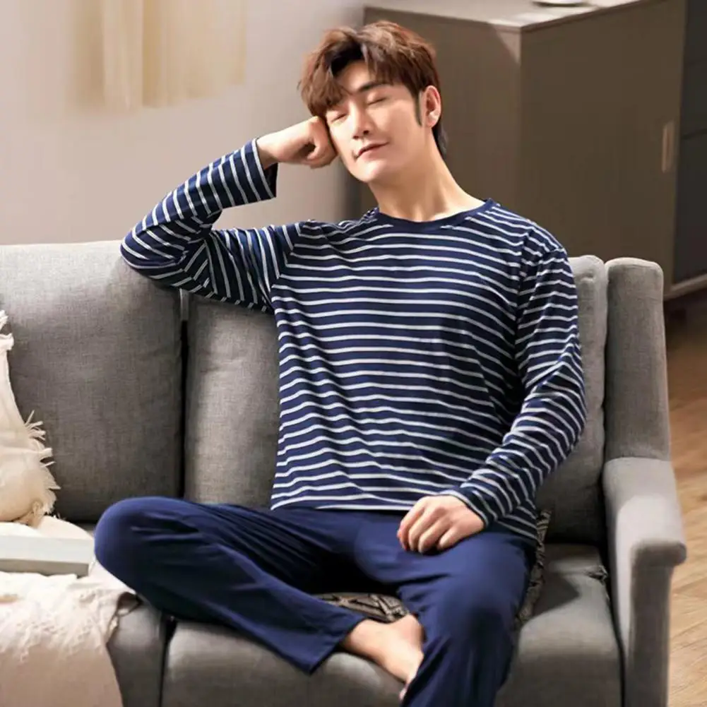 

2Pcs/Set Men Pajamas Set Long Sleeve Striped Print Tops Elastic Waist Long Pants Set Home Lounge Wear Set Sleepwear 남자 파자마