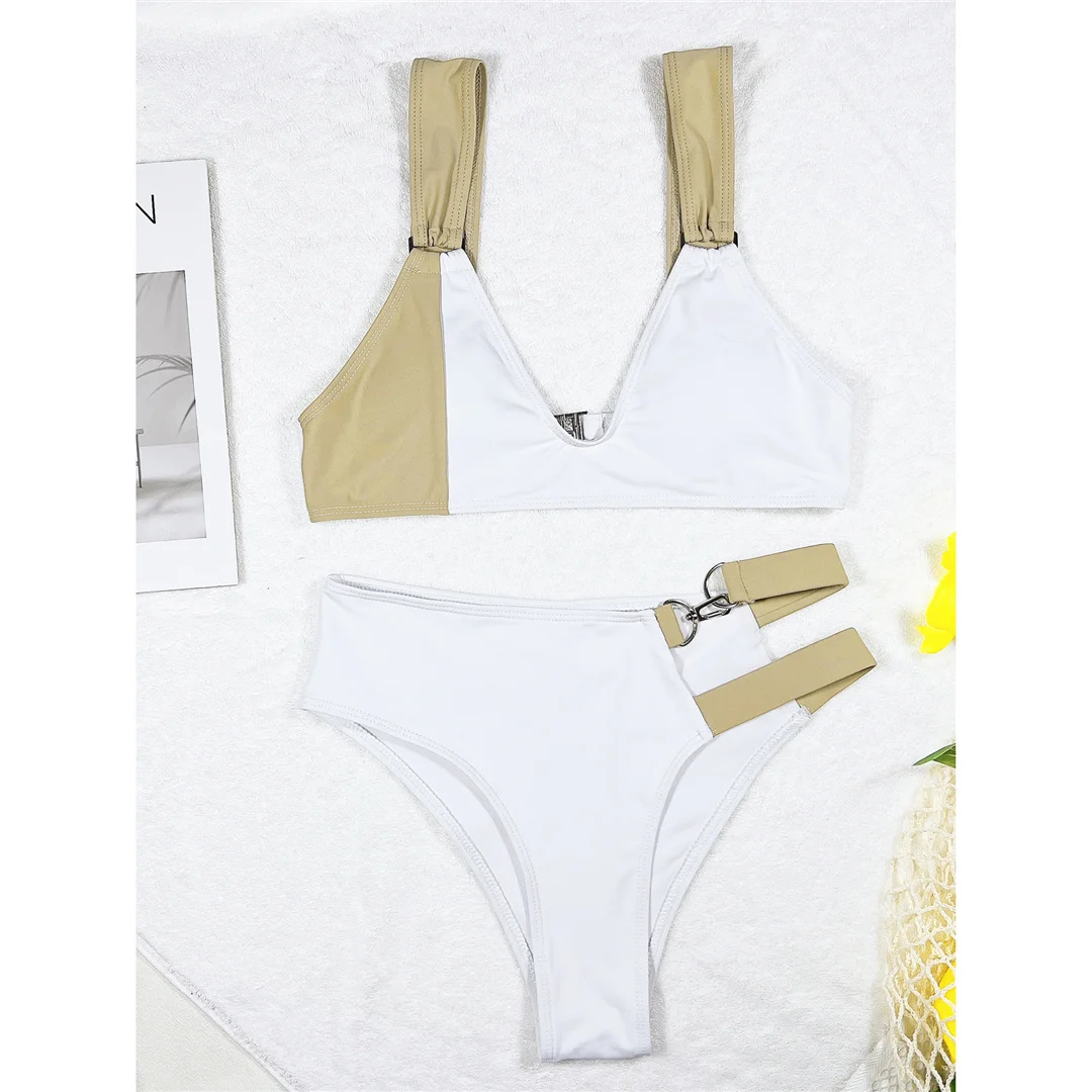 Sexy, asymmetrischer Bikini mit V-Ausschnitt, Damen-Badeanzug, zweiteiliges Bikini-Set, Badebekleidung, Damen-Badeanzug, V3435. – Detail 8