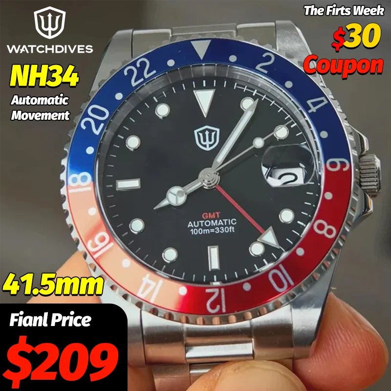 

Автоматические часы Watchdives WD0014 GMT с механизмом NH34, сапфировым стеклом, красно-синим 24-часовым безелем, сталью 316L, светящимся циферблатом, роскошные мужские часы