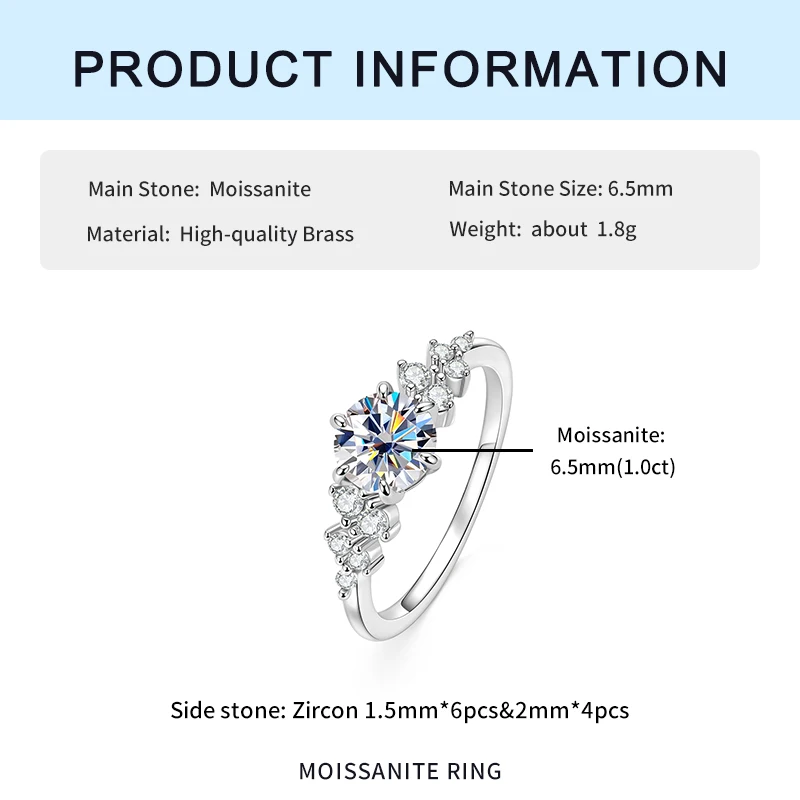 IOGGOU 6,5 mm runder D-Farben-Moissanit-Verlobungsring für Frauen, sechszackiger Ehering, GRA 1CT, imitierter Diamantschmuck, Geschenke – Detail 3