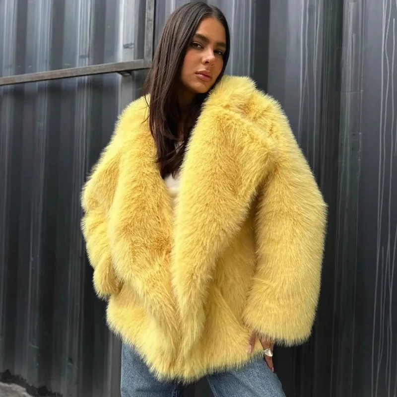 Tuularose Women Elegant Faux Fur Coat Warm Fluffy Loose Long Sleeve Lapel Jacket Fall Winter Fashion High Street Lady Outerwear