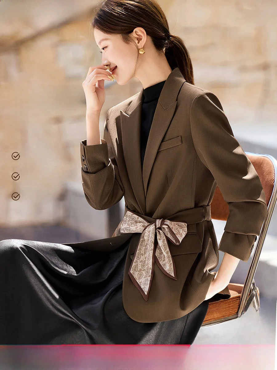 

Ele Vintage Women's Suit with Waist Belt And Silk Scarf Modern Versatile Long Sve Formal Wear by Mofan mei