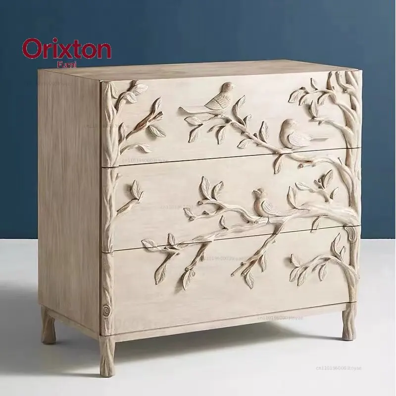 Solid wood carved three-bucket cabinet, retro and old drawer cabinet, bedside table, American Hong Kong-style entrance cabinet