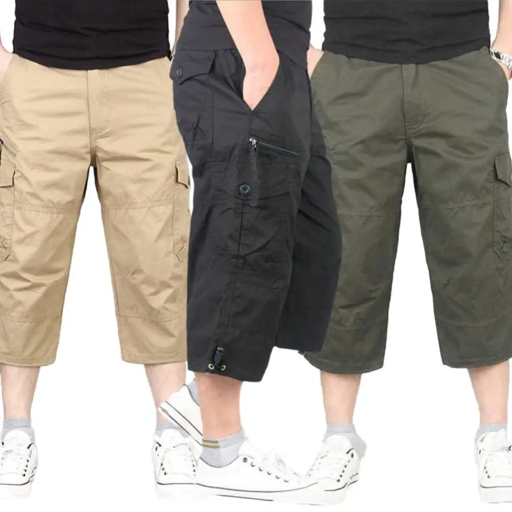 Summer Men\'s Casual Cotton Cargo Shorts Overalls Long Length Multi Pocket Hot breeches Military Pants Male Cropped Pants