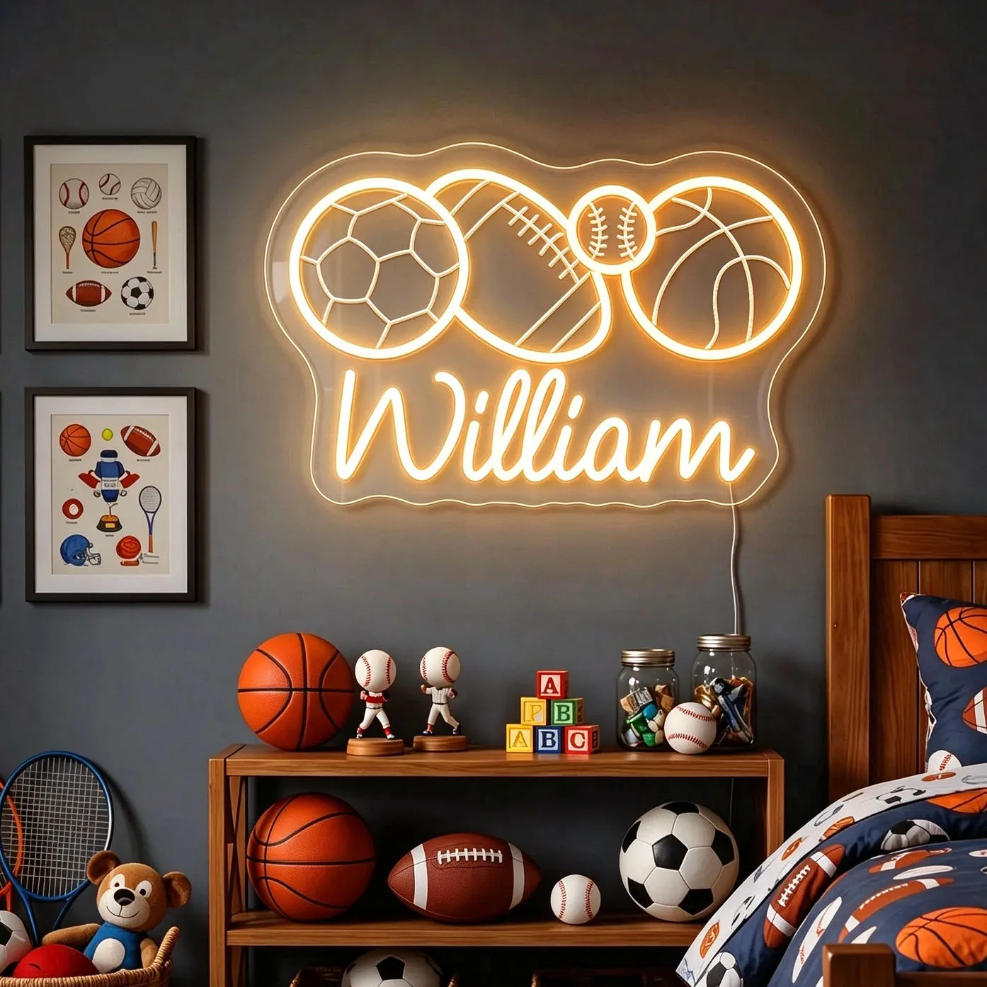 Custom Sports Ball Neon Sign Kidsroom Wall Decor Basketball Soccer Baseball Rugby Light,Gift For Sporter,Christmas/Birthday Gift
