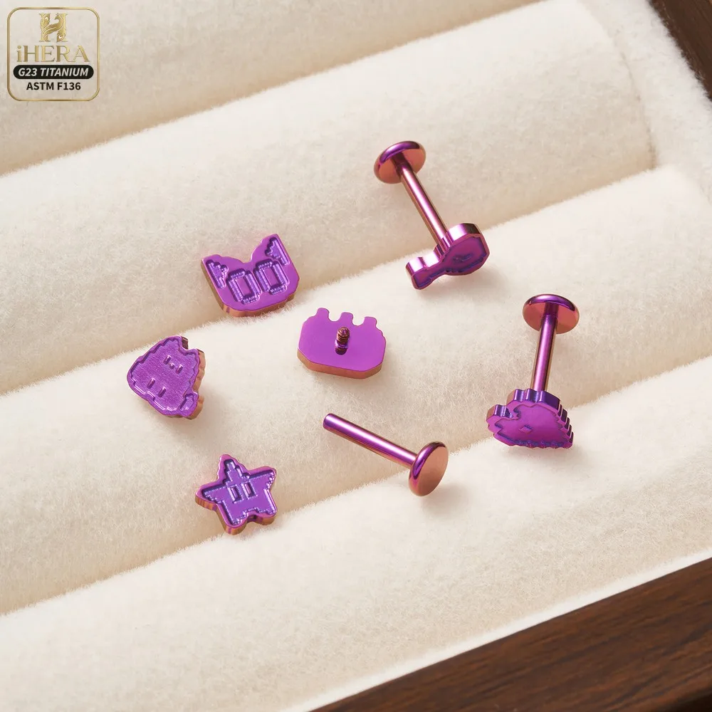 80V ASTM F136 Titan Lila Pixel Niedliches Ohrring-Set Retro Gamer Labret Piercing Helix Tragus Conch Nasenknorpel Ohrstecker Set – Detail 8