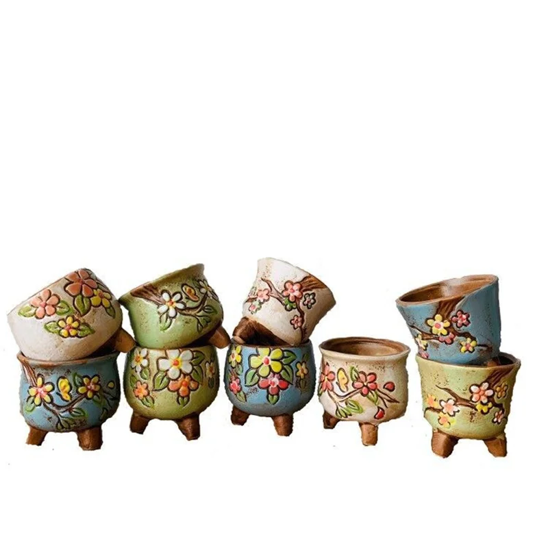 Retro Simple Fleshy Flower Pot Ceramic Hand-painted Fresh Thumb Pot Coarse Pottery Permeable Pot Living Desk Home Decoration