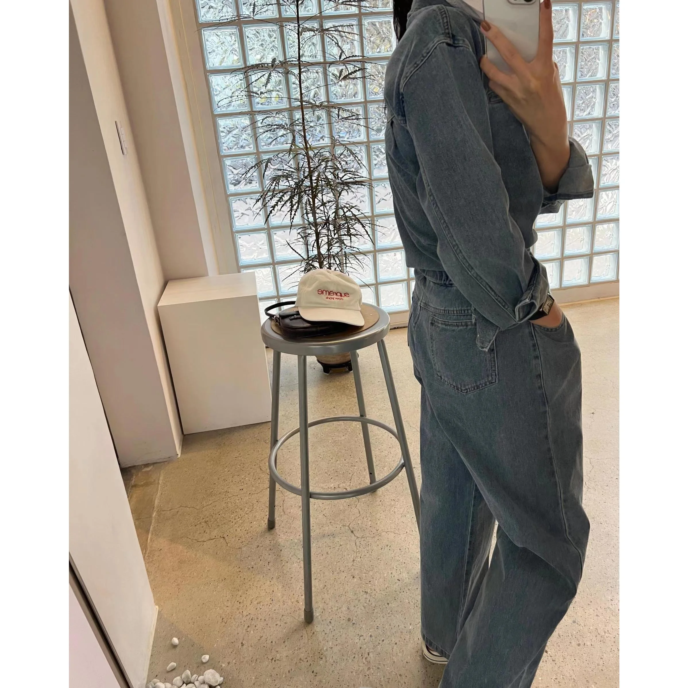 Laid-ba Salopette di jeans casual vintage Ele Pantaloni a gamba larga a vita alta Materiale di cotone Collezione primaverile per W di mezza età...