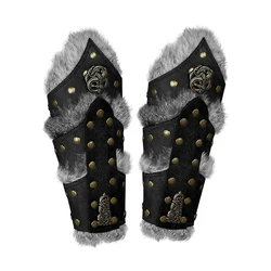 2 Pcs Medieval Viking Knight Armor Arm Warmers PU Leather Gauntlet Velvet furry Fur Trim Bracer Wristband Larp Cosplay Props