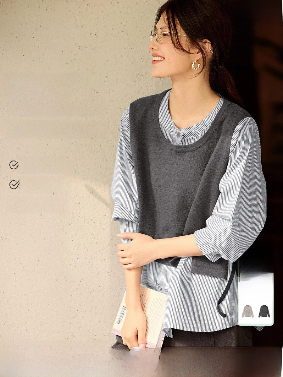 

Вязаный свитер Ele с эффектом двухслойности, женский, модный, универсальный, стройнящий топ, удобный, средней длины, с длинными рукавами